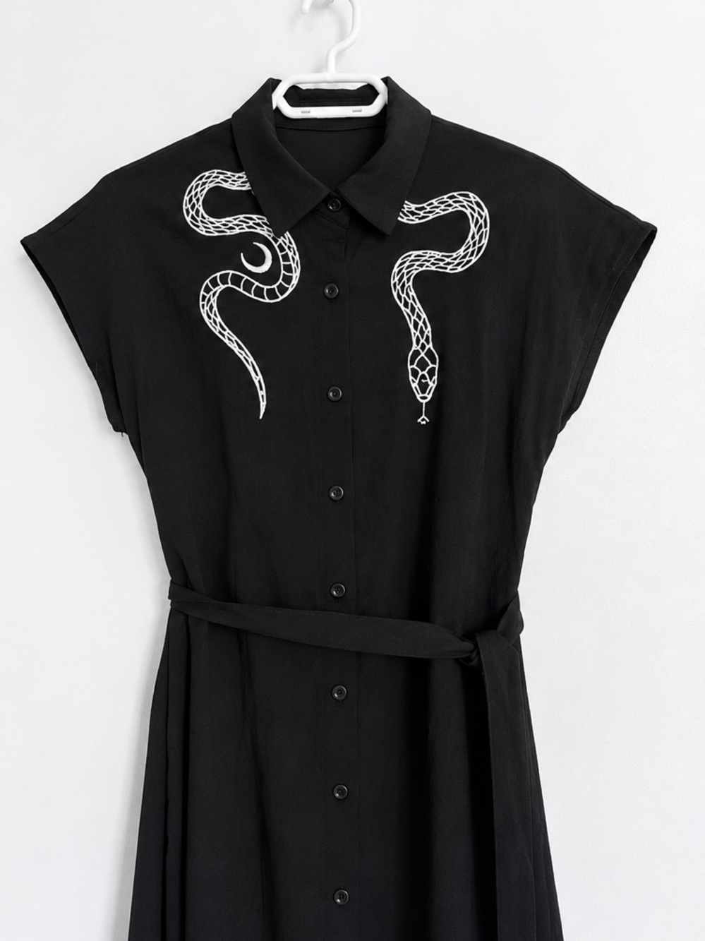 Black Maxi Shirt Dress Snake Embroidery Button Down Belted Short Sleeve